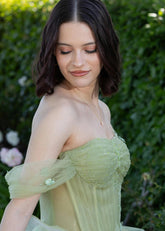 Audrey | A Line/Princess Sage Green Off the Shoulder Corset Ruffle Prom Dress - Sage Green - PromDressClub